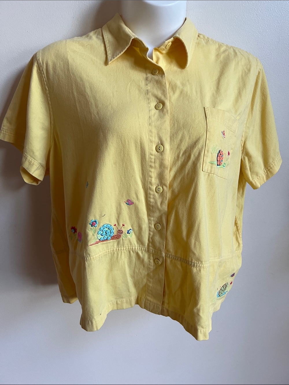 CJ Banks Yellow Short-Sleeve Button-Down Shirt with Embroidered Snail Motifs